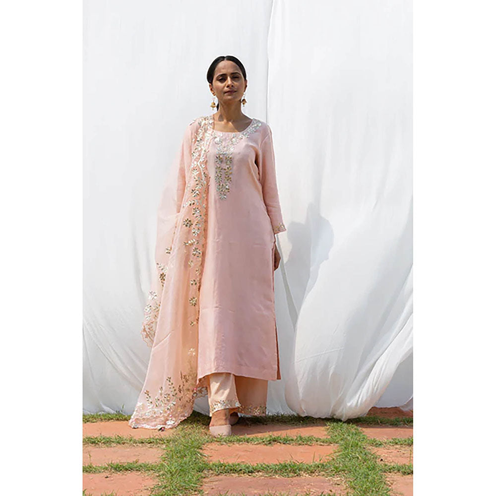 Saatvikei Rajshree - Nude Pink Kurta with Palazzo and Dupatta (Set of 3)