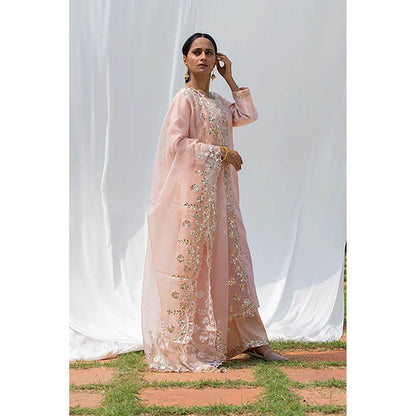 Saatvikei Rajshree - Nude Pink Kurta with Palazzo and Dupatta (Set of 3)
