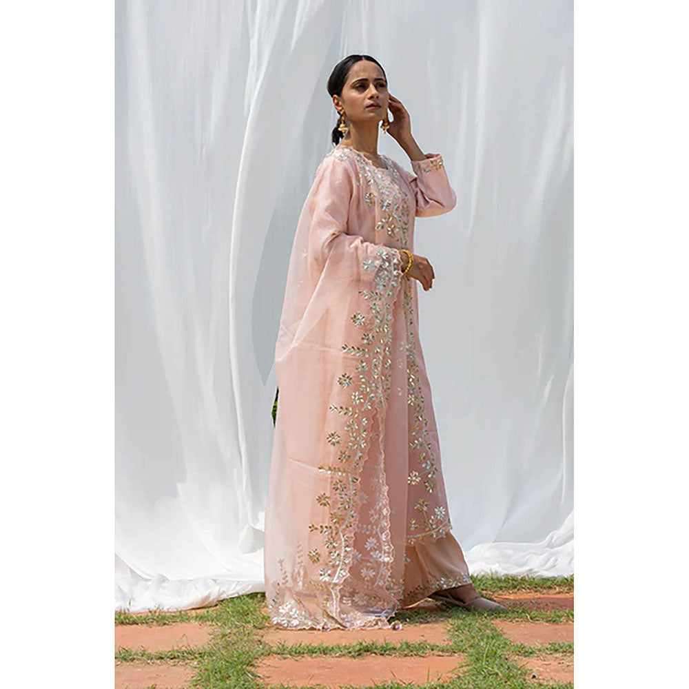 Saatvikei Rajshree - Nude Pink Kurta with Palazzo and Dupatta (Set of 3)