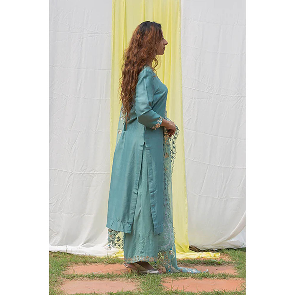 Saatvikei Rajshree - Powder Blue Kurta with Palazzo and Dupatta (Set of 3)