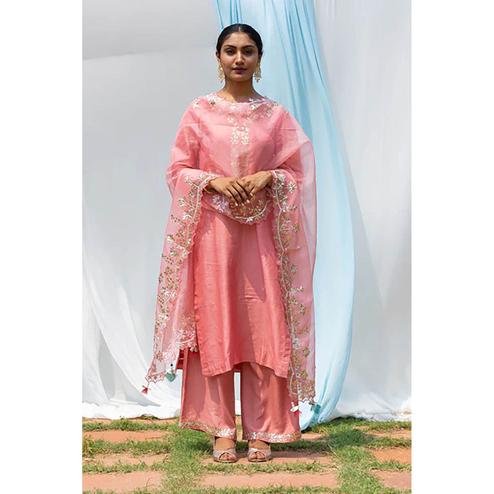 Saatvikei Rajshree - Salmon Pink Kurta with Palazzo and Dupatta (Set of 3)