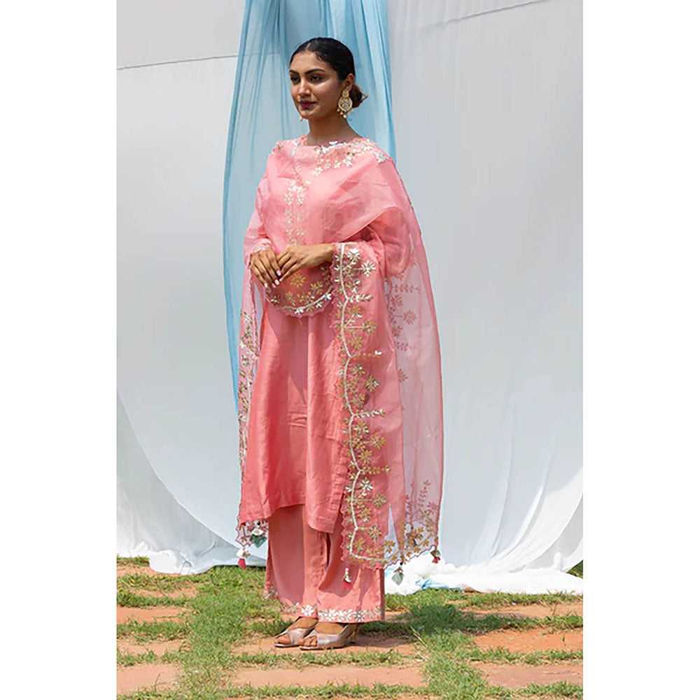 Saatvikei Rajshree - Salmon Pink Kurta with Palazzo and Dupatta (Set of 3)