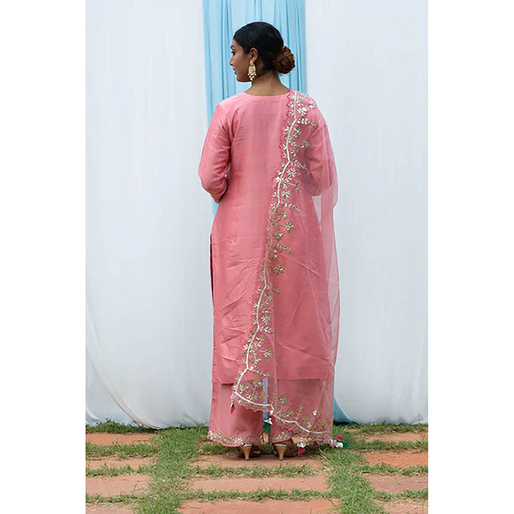 Saatvikei Rajshree - Salmon Pink Kurta with Palazzo and Dupatta (Set of 3)