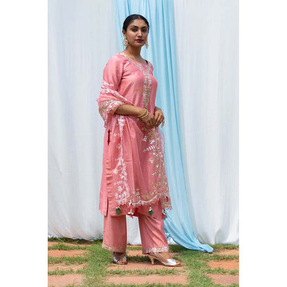 Saatvikei Rajshree - Salmon Pink Kurta with Palazzo and Dupatta (Set of 3)