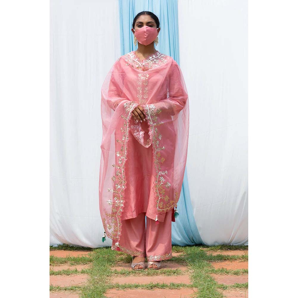 Saatvikei Rajshree - Salmon Pink Kurta with Palazzo and Dupatta (Set of 3)