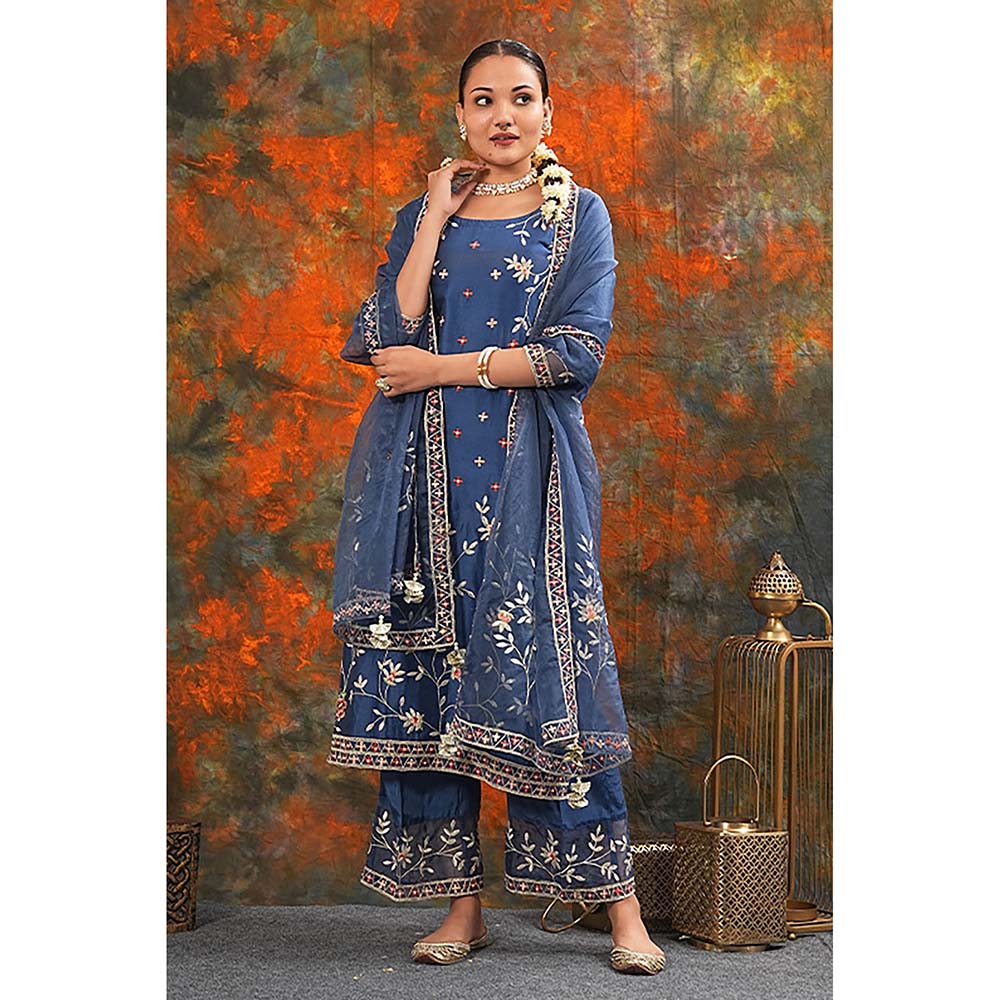 Saatvikei Rukmani - Midnight Blue Kurta with Palazzo and Dupatta (Set of 3)