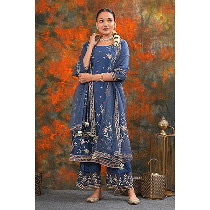 Saatvikei Rukmani - Midnight Blue Kurta with Palazzo and Dupatta (Set of 3)