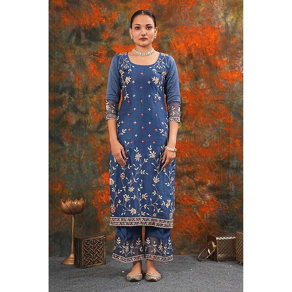 Saatvikei Rukmani - Midnight Blue Kurta with Palazzo and Dupatta (Set of 3)