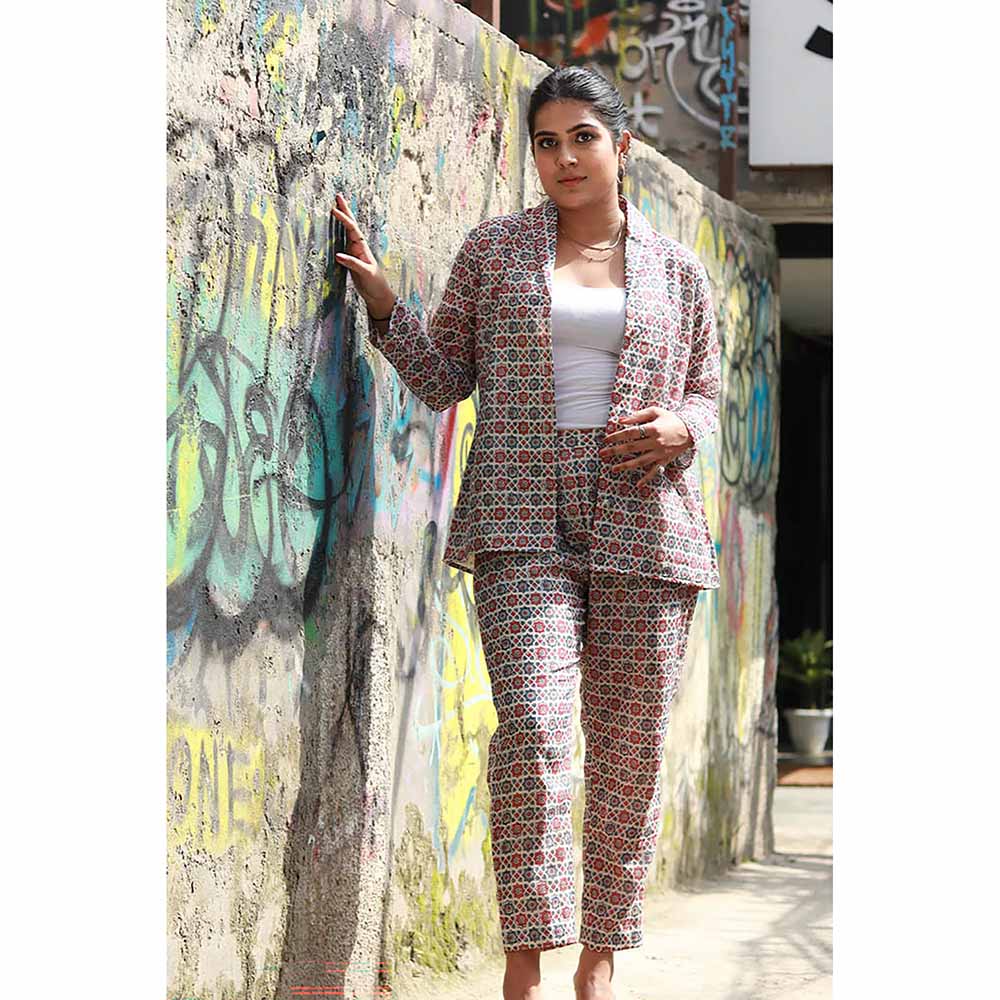 Saatvikei Saral - Printed Co-Ord - Red & Blue (Set of 2)