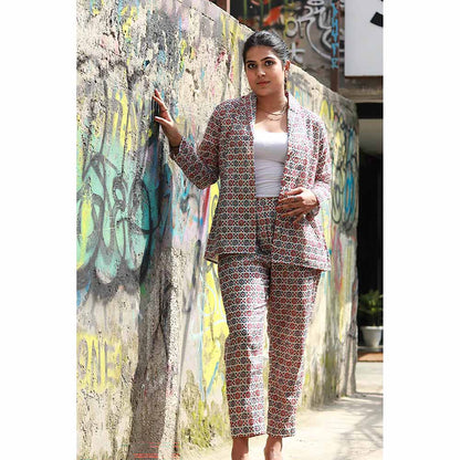 Saatvikei Saral - Printed Co-Ord - Red & Blue (Set of 2)