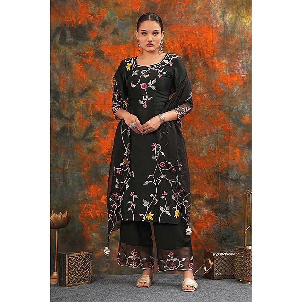 Saatvikei Sarla - Black Kurta with Palazzo and Dupatta (Set of 3)