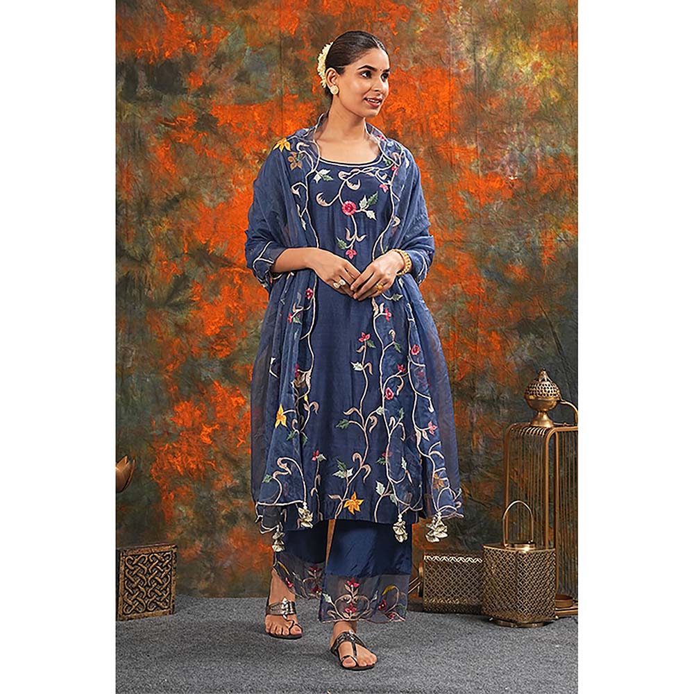 Saatvikei Sarla - Midnight Blue Kurta with Palazzo and Dupatta (Set of 3)
