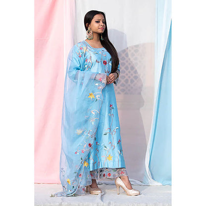 Saatvikei Sarla - Sky Blue Kurta with Palazzo and Dupatta (Set of 3)