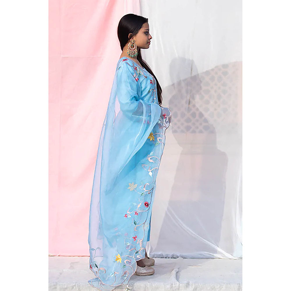 Saatvikei Sarla - Sky Blue Kurta with Palazzo and Dupatta (Set of 3)