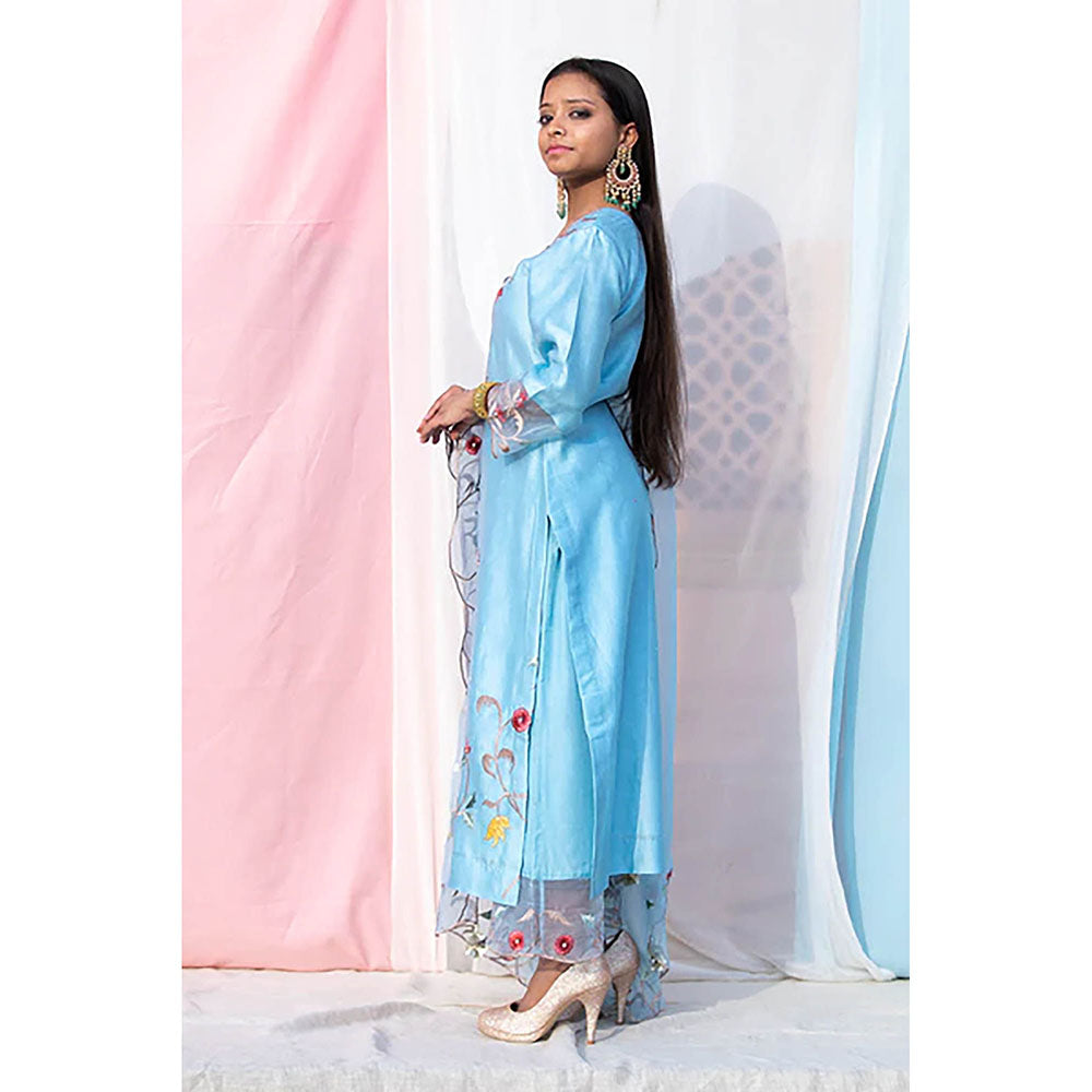 Saatvikei Sarla - Sky Blue Kurta with Palazzo and Dupatta (Set of 3)