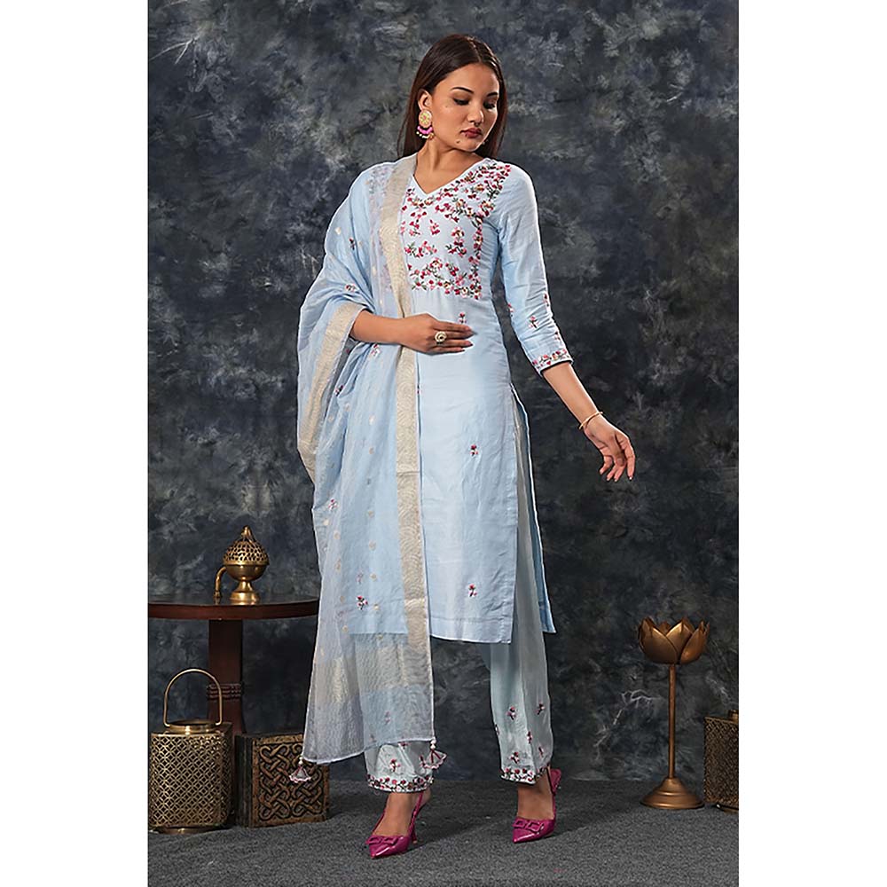 Saatvikei Saumya - Sky Blue Kurta with Palazzo and Dupatta (Set of 3)