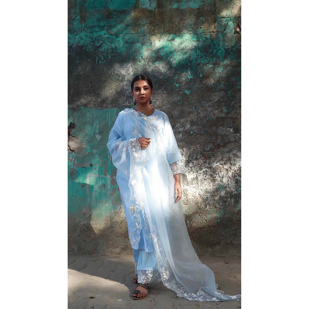 Saatvikei Subhaga- Sky Blue Kurta with Palazzo and Dupatta (Set of 3)