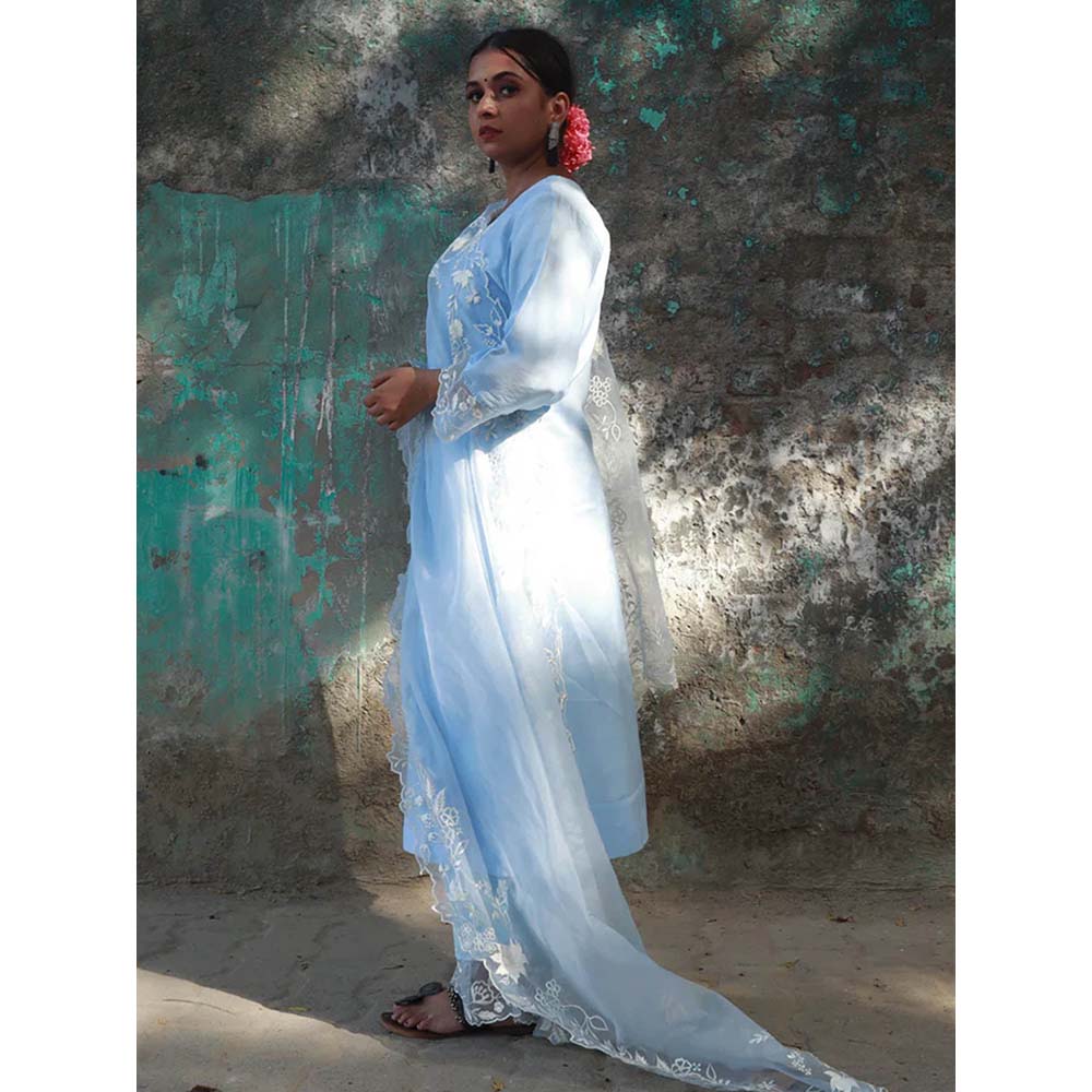 Saatvikei Subhaga- Sky Blue Kurta with Palazzo and Dupatta (Set of 3)