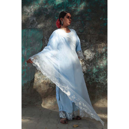 Saatvikei Subhaga- Sky Blue Kurta with Palazzo and Dupatta (Set of 3)