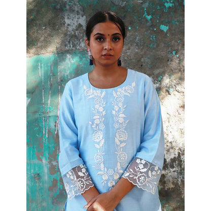 Saatvikei Subhaga- Sky Blue Kurta with Palazzo and Dupatta (Set of 3)