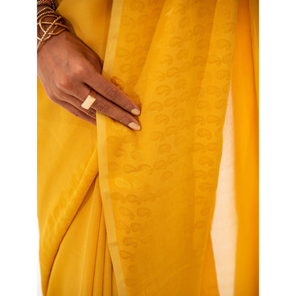 Sacred Weaves Mustard Plain Saree with Unstitched Blouse