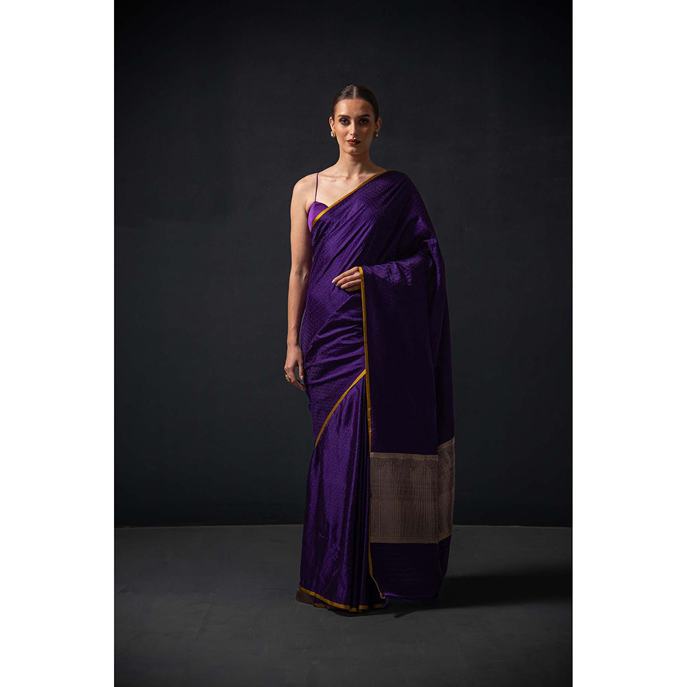 Sacred Weaves Purple Satin Tanchoi Handloom Banarasi Saree Without Blouse
