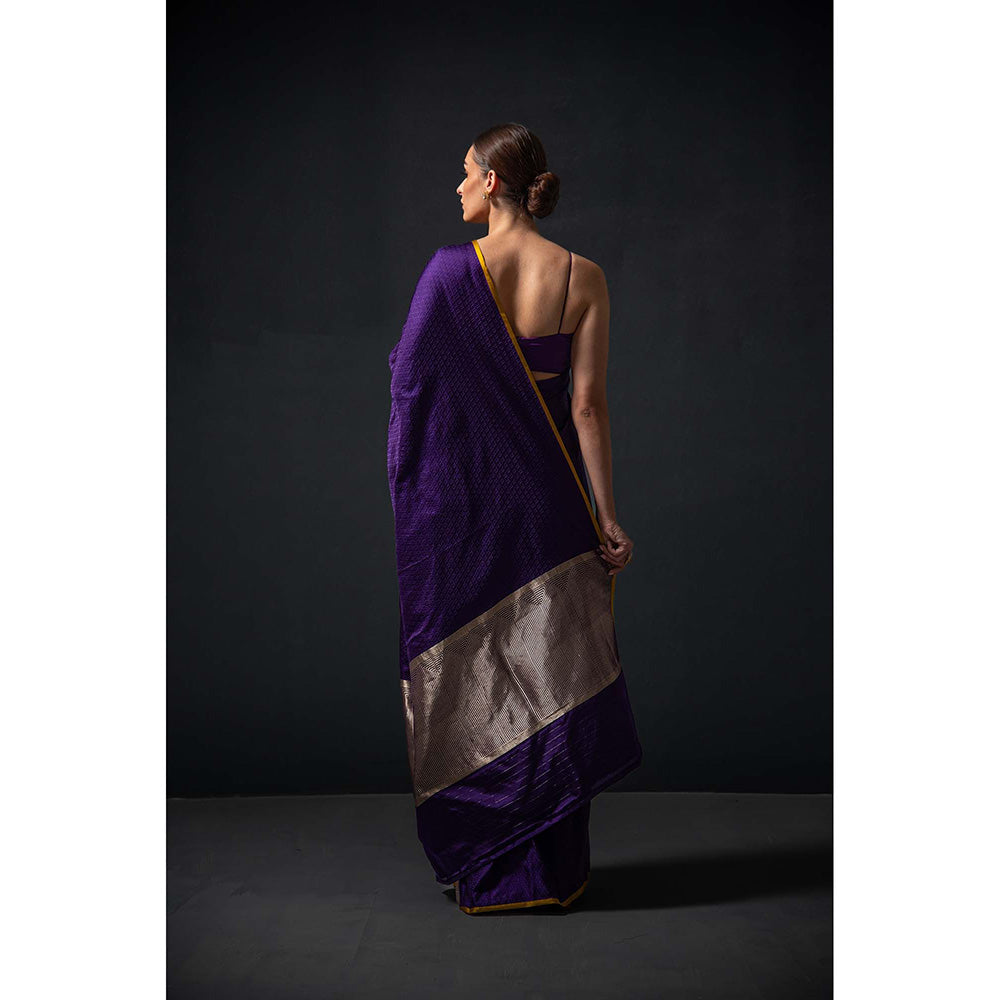 Sacred Weaves Purple Satin Tanchoi Handloom Banarasi Saree Without Blouse