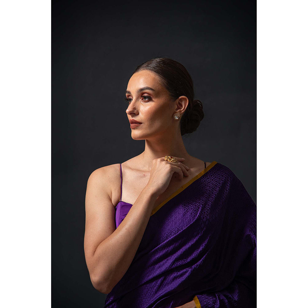 Sacred Weaves Purple Satin Tanchoi Handloom Banarasi Saree Without Blouse