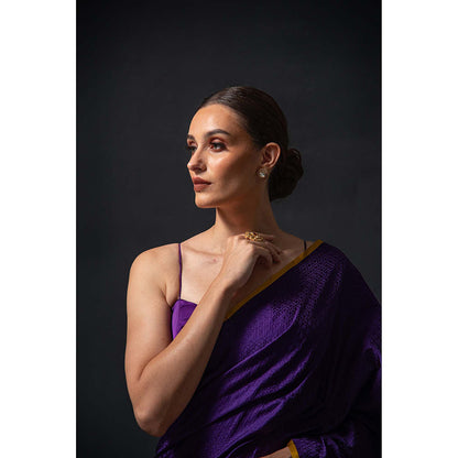 Sacred Weaves Purple Satin Tanchoi Handloom Banarasi Saree Without Blouse