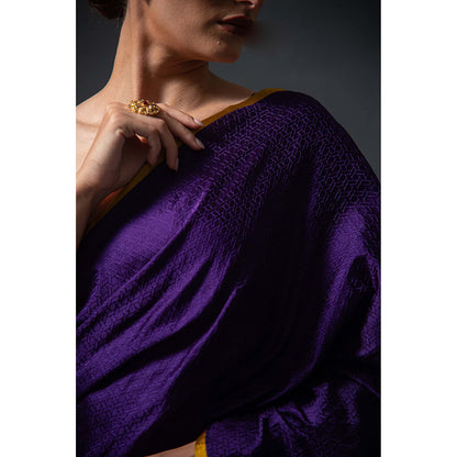 Sacred Weaves Purple Satin Tanchoi Handloom Banarasi Saree Without Blouse