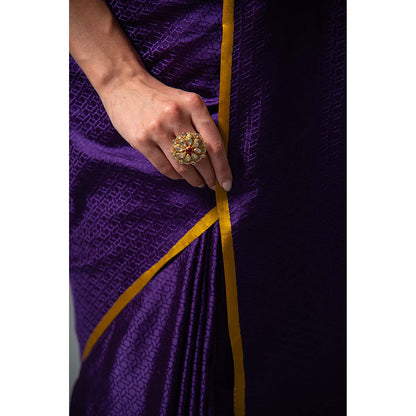 Sacred Weaves Purple Satin Tanchoi Handloom Banarasi Saree Without Blouse