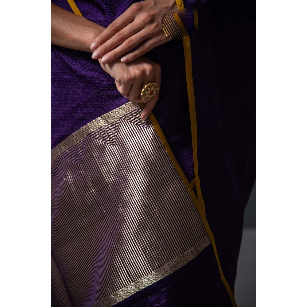 Sacred Weaves Purple Satin Tanchoi Handloom Banarasi Saree Without Blouse