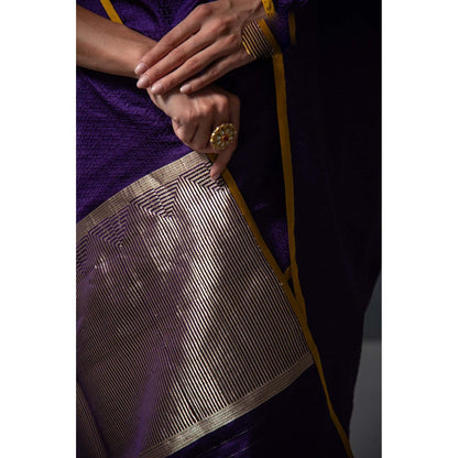 Sacred Weaves Purple Satin Tanchoi Handloom Banarasi Saree Without Blouse