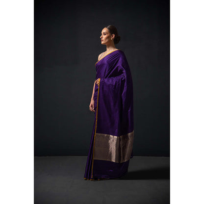 Sacred Weaves Purple Satin Tanchoi Handloom Banarasi Saree Without Blouse