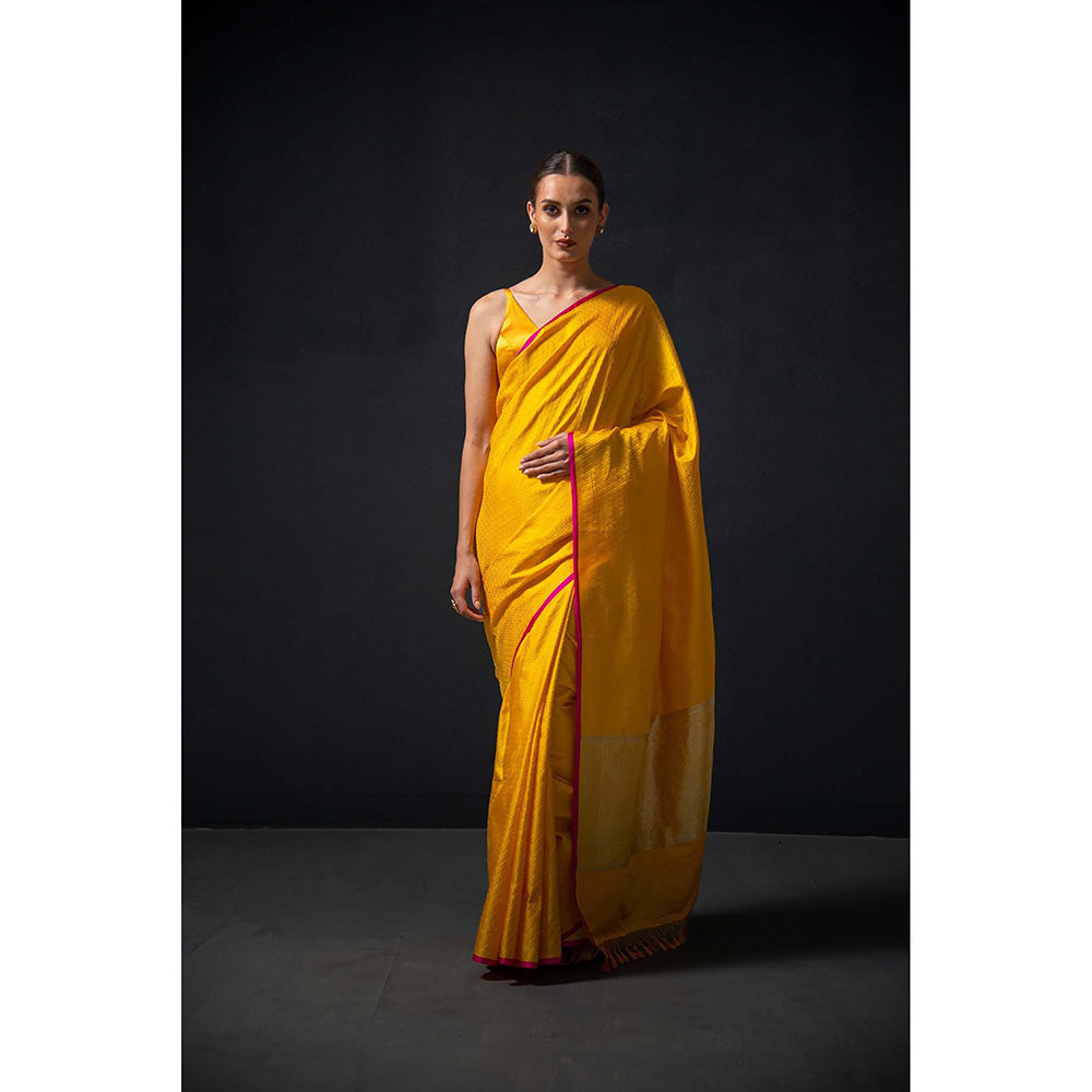 Sacred Weaves Yellow Satin Tanchoi Handloom Banarasi Saree Without Blouse