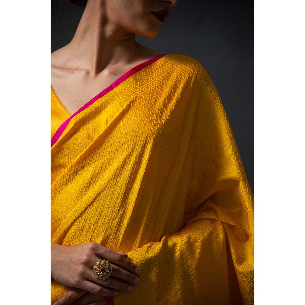 Sacred Weaves Yellow Satin Tanchoi Handloom Banarasi Saree Without Blouse