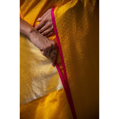 Sacred Weaves Yellow Satin Tanchoi Handloom Banarasi Saree Without Blouse