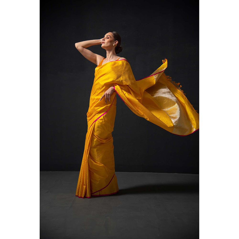 Sacred Weaves Yellow Satin Tanchoi Handloom Banarasi Saree Without Blouse