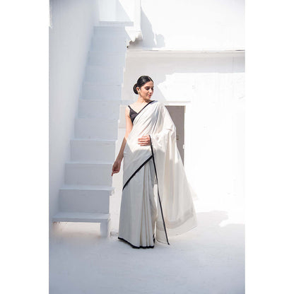 Sacred Weaves White Konia Satin Silk Solid Saree Without Blouse