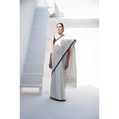 Sacred Weaves White Konia Satin Silk Solid Saree Without Blouse