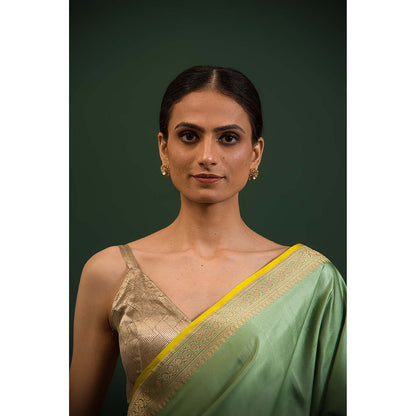 Sacred Weaves Pastel Green Konia Satin Silk Handloom Banarasi Saree Without Blouse