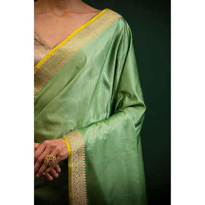 Sacred Weaves Pastel Green Konia Satin Silk Handloom Banarasi Saree Without Blouse