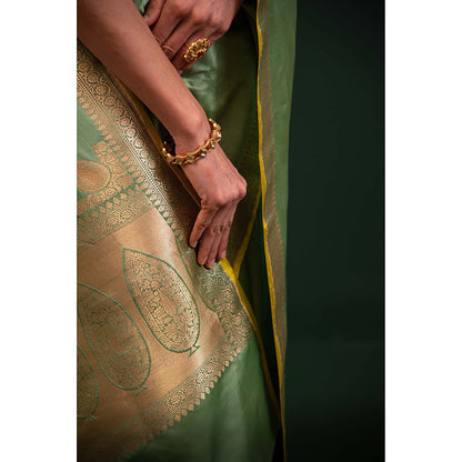 Sacred Weaves Pastel Green Konia Satin Silk Handloom Banarasi Saree Without Blouse