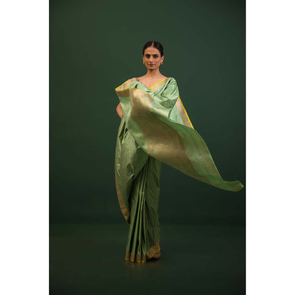 Sacred Weaves Pastel Green Konia Satin Silk Handloom Banarasi Saree Without Blouse