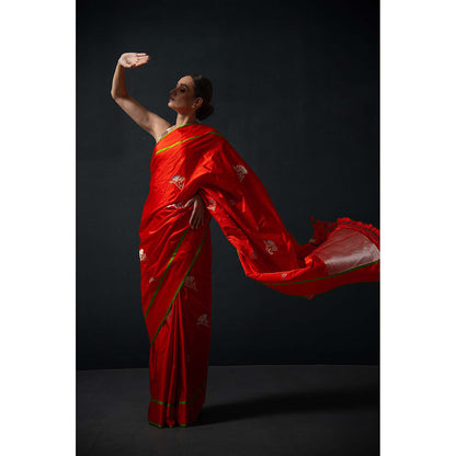 Sacred Weaves Red Booti Satin Silk Handloom Banarasi Saree Without Blouse