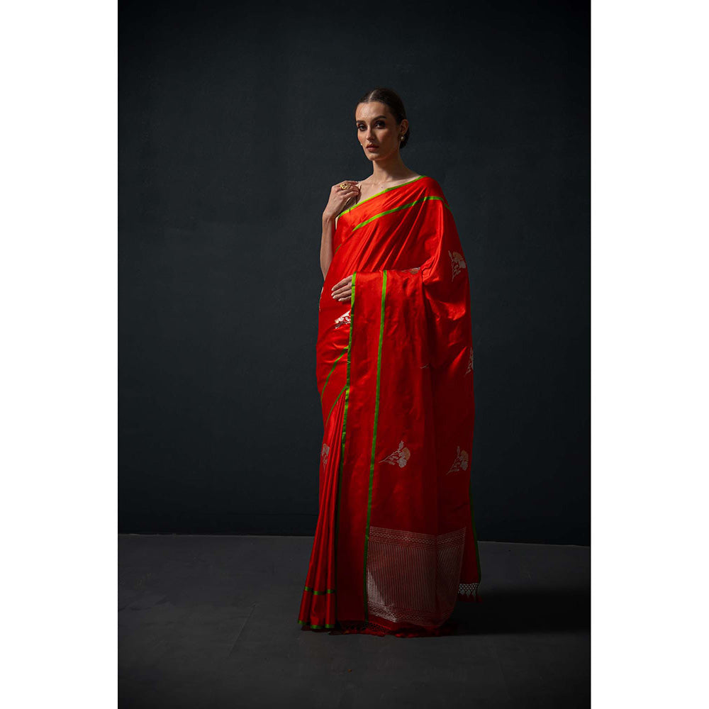 Sacred Weaves Red Booti Satin Silk Handloom Banarasi Saree Without Blouse