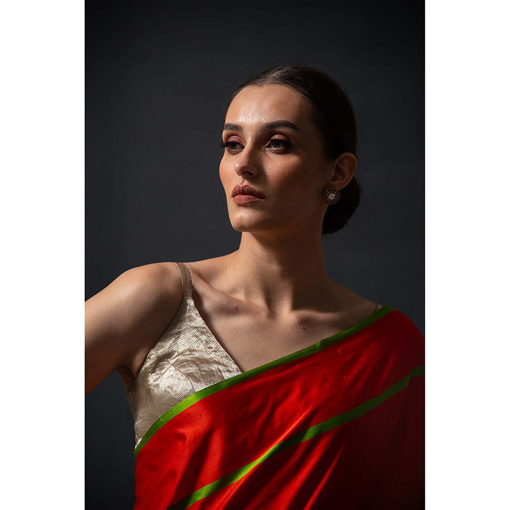 Sacred Weaves Red Booti Satin Silk Handloom Banarasi Saree Without Blouse