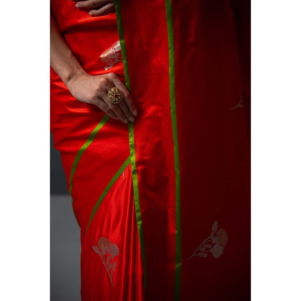 Sacred Weaves Red Booti Satin Silk Handloom Banarasi Saree Without Blouse