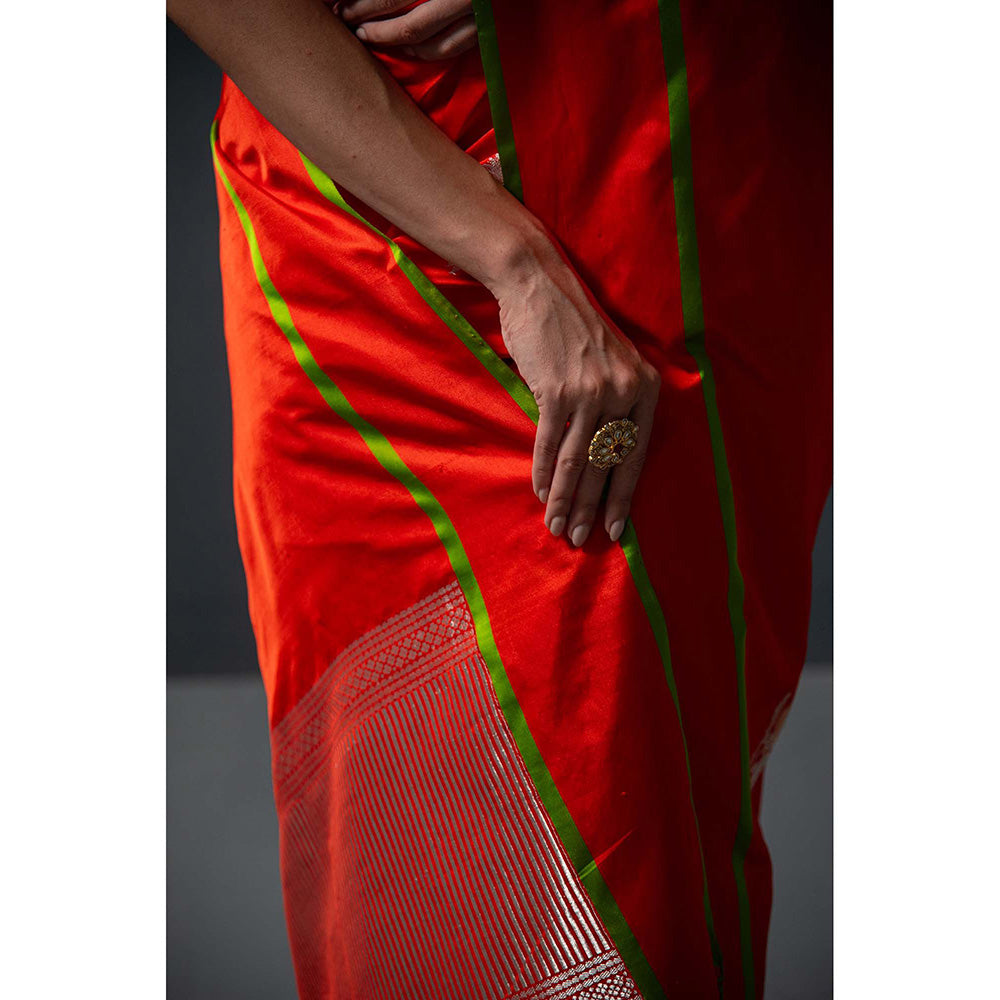 Sacred Weaves Red Booti Satin Silk Handloom Banarasi Saree Without Blouse