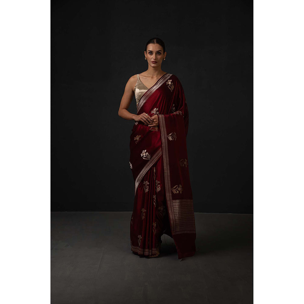 Sacred Weaves Maroon Booti Satin Silk Handloom Banarasi Saree Without Blouse